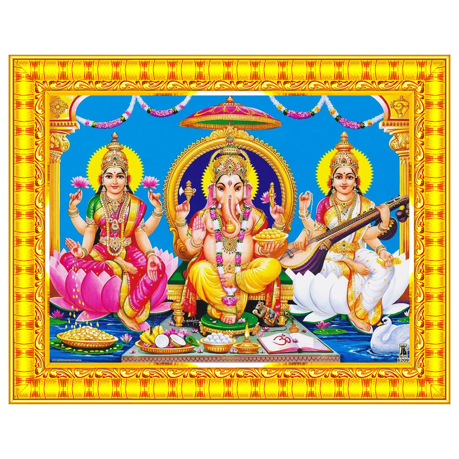 Pavan Photo Laminations Lakshmi Devi Ganesha Saraswati Ganesh Hanging Wall Painting Framed Home Decor (Wood,Matte,Gold,Small Siz